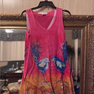 Bright Pink Sleeveless Mini Dress with Bird Artwork